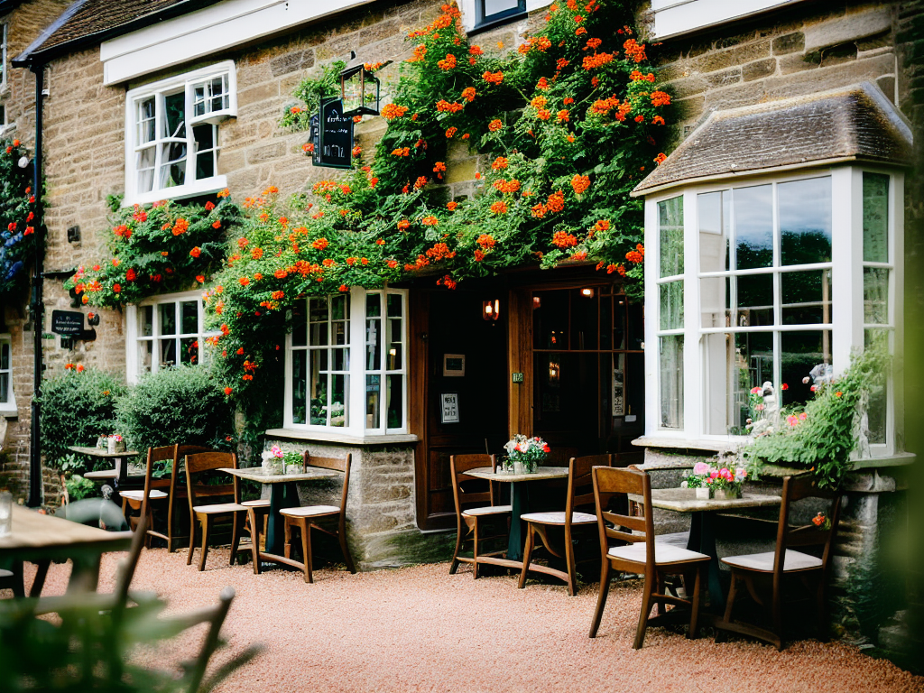 A quaint English country pub with tables outside and small gathering of friends (1)