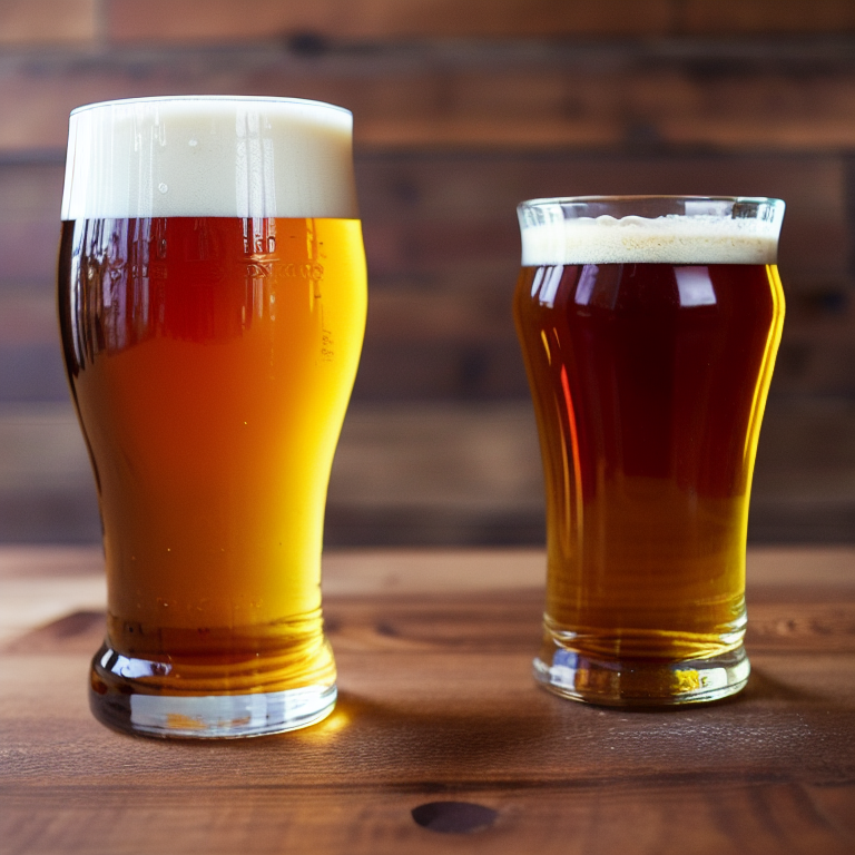 A single pint of IPA in a tulip glass with a single bottle of beer next to it on a wooden table.